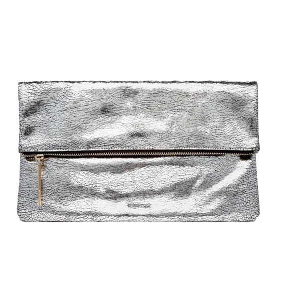 WHISTLES Cracked Leather Fold Over Clutch Silver Metallic - Picture 3 of 5